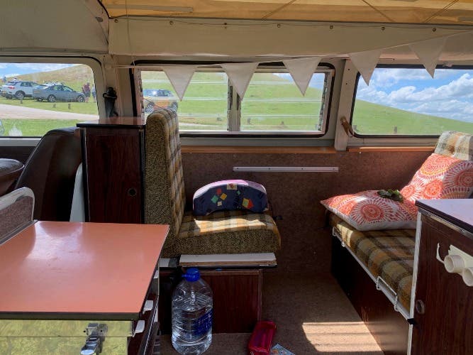 White with pop up roof Devon conversion, 1977 T2